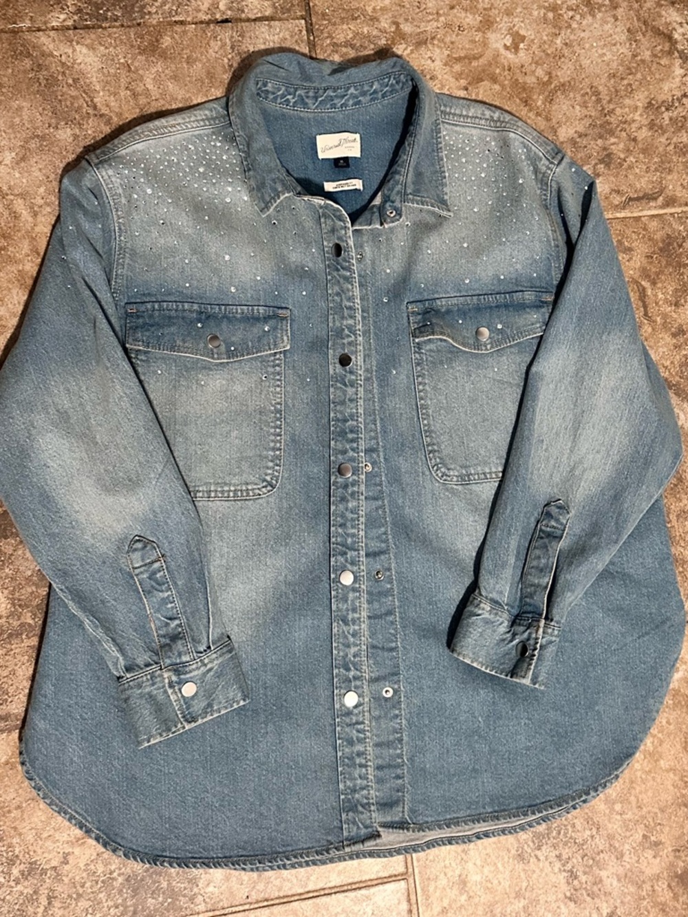 Light Wash Denim Shirt Jacket with Rhinestone Detail